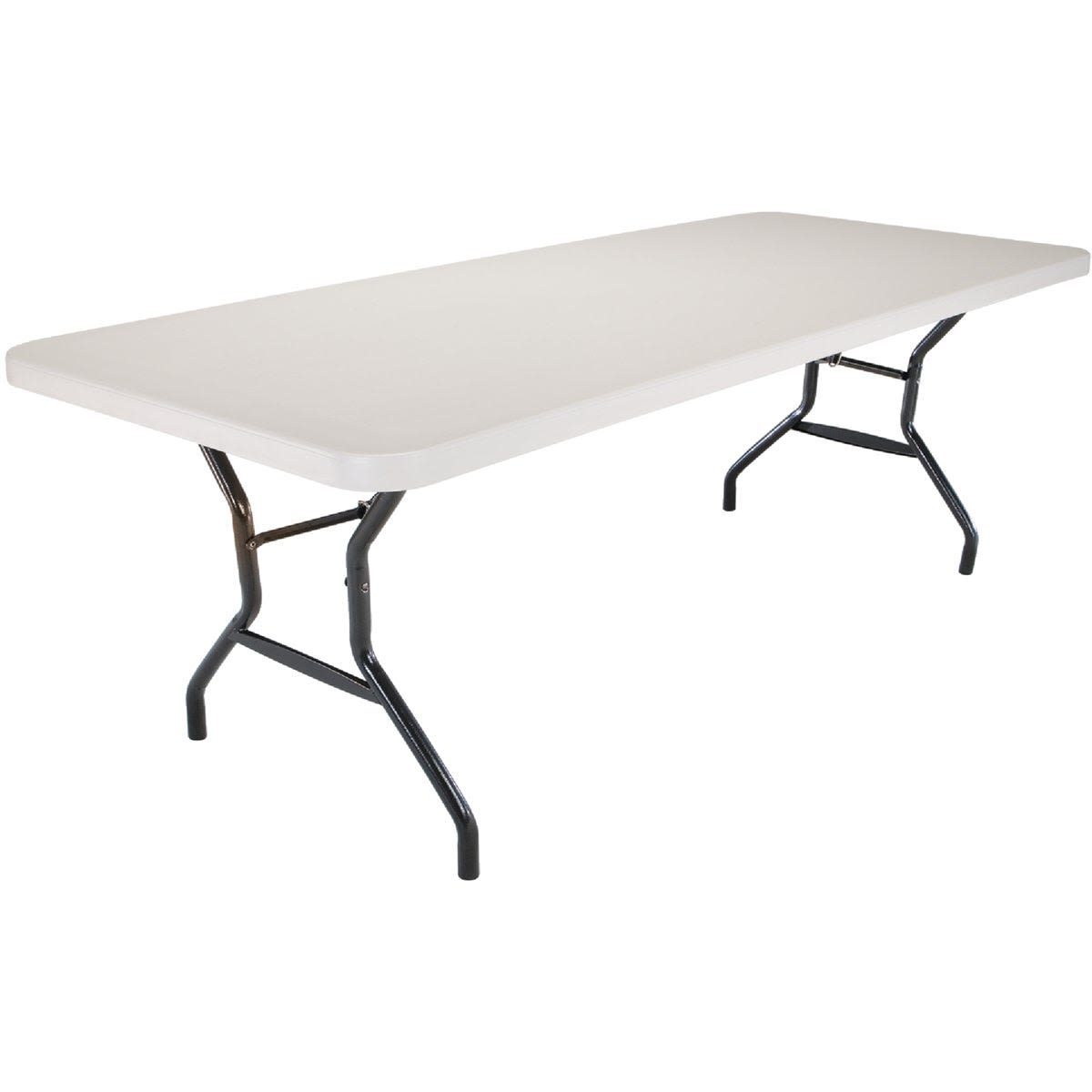 White folding table with hourglass-shaped black legs for outdoor living and patio furniture use