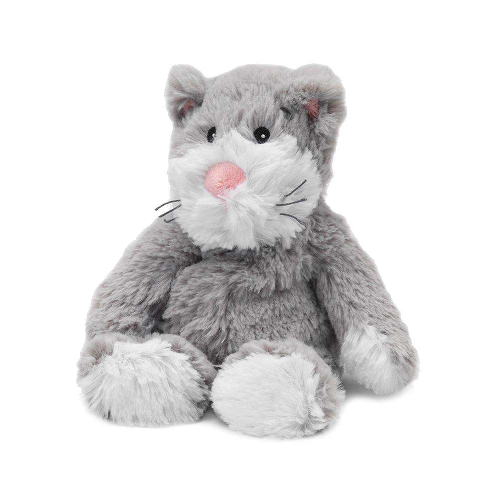 Gray and white plush cat with pink nose, weighted and microwaveable for comfort in Dolls & Stuffed Animals under $50 collections