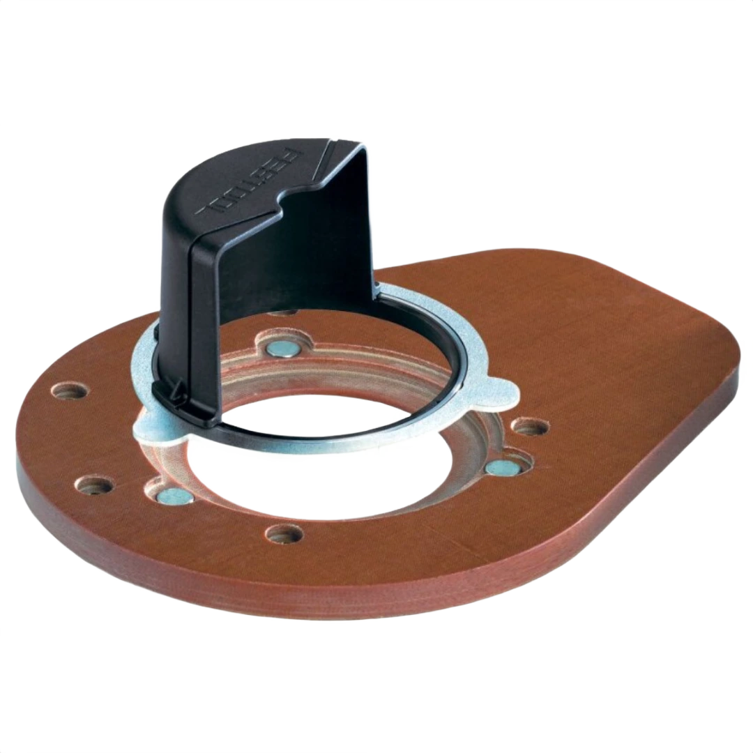 Heavy-duty Festool router base plate widener with integrated dust hood for woodworking tool accessories and power tools collections