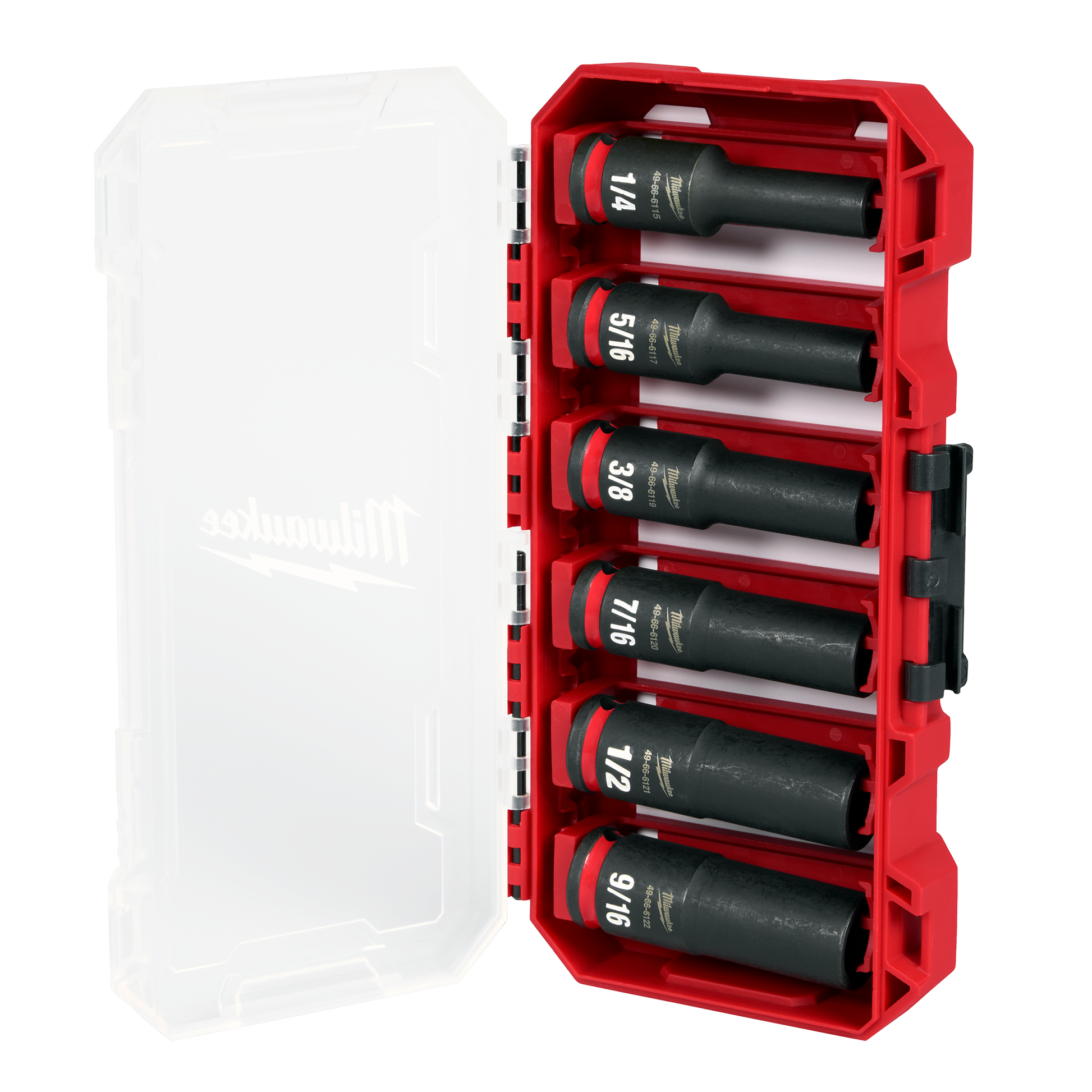 Red Milwaukee PACKOUT™ case with clear lid open to display six black impact duty drill bits in tool accessories for home improvement at Hartville Hardware.