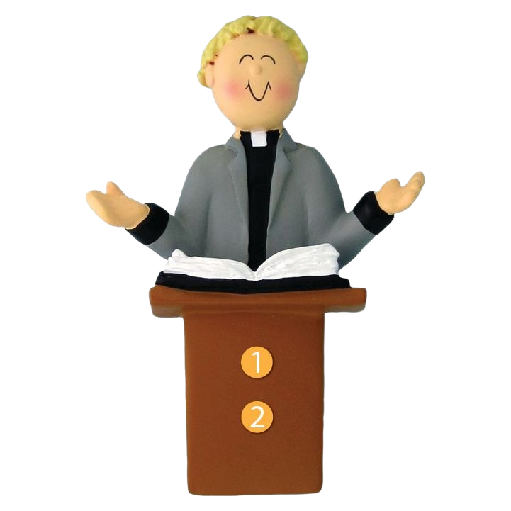 Blonde male minister figurine with open arms standing behind pulpit and open book ornament for Christmas decor
