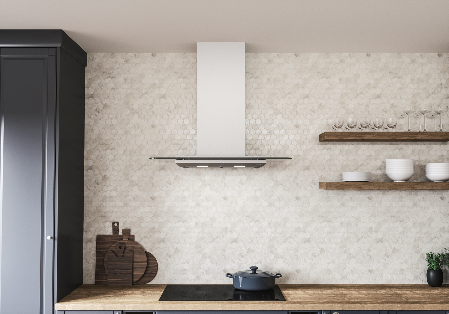 Modern white chimney hood with straight glass canopy mounted above a black cooktop in kitchen appliances collection