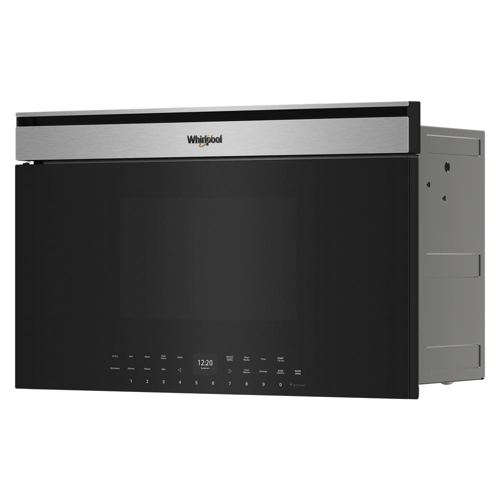 Built-in 30-inch smart microwave oven with air fry and roast modes, black glass front with stainless steel trim from appliances collection