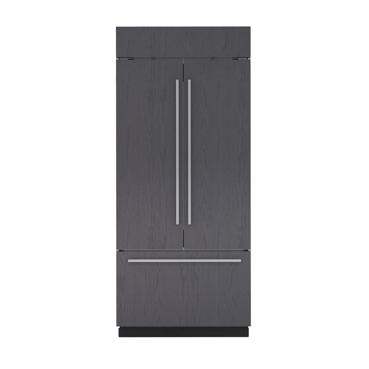 Tall modern refrigerator/freezer with dark wood finish and stainless steel handles for kitchen appliance collection