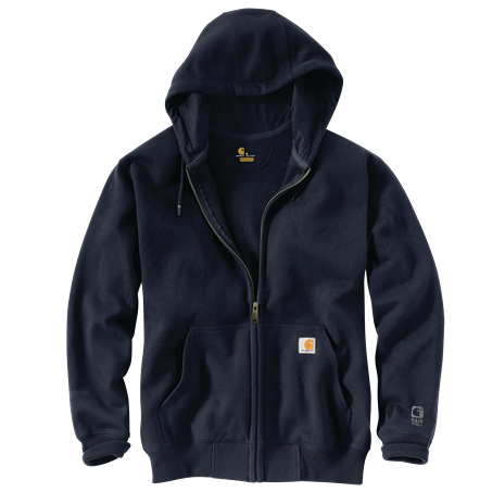 Men’s heavyweight loose fit full-zip navy sweatshirt with hood and front pouch pockets from Carhartt collection
