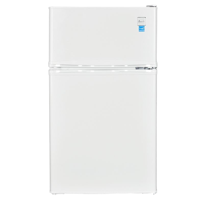 White two-door counterhigh refrigerator with top freezer, ideal for kitchen and appliance collections.