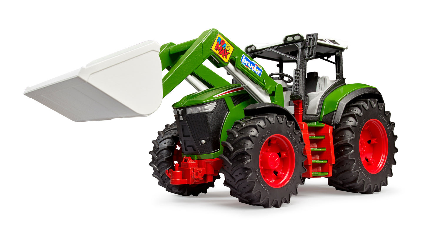 Green and red toy tractor with detailed wheels and white frontloader bucket for construction and farm play themes
