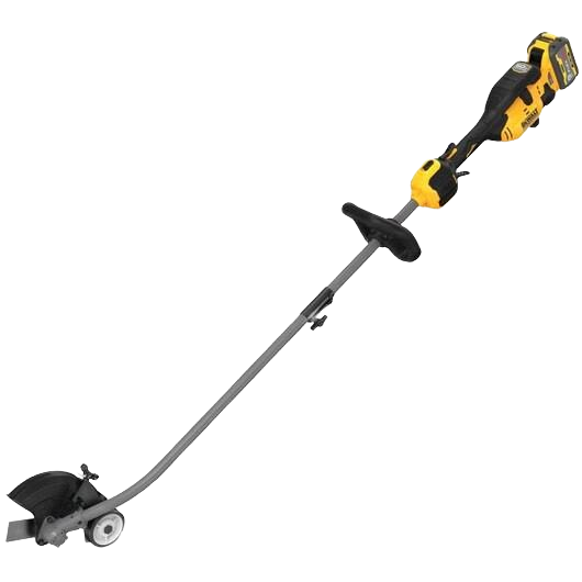 Yellow and black cordless edger with long curved shaft and ergonomic handle for outdoor home improvement tasks