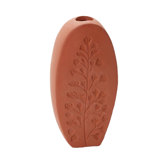 Matte terra cotta bud vase with embossed botanical design, ideal for accent decor and home display.