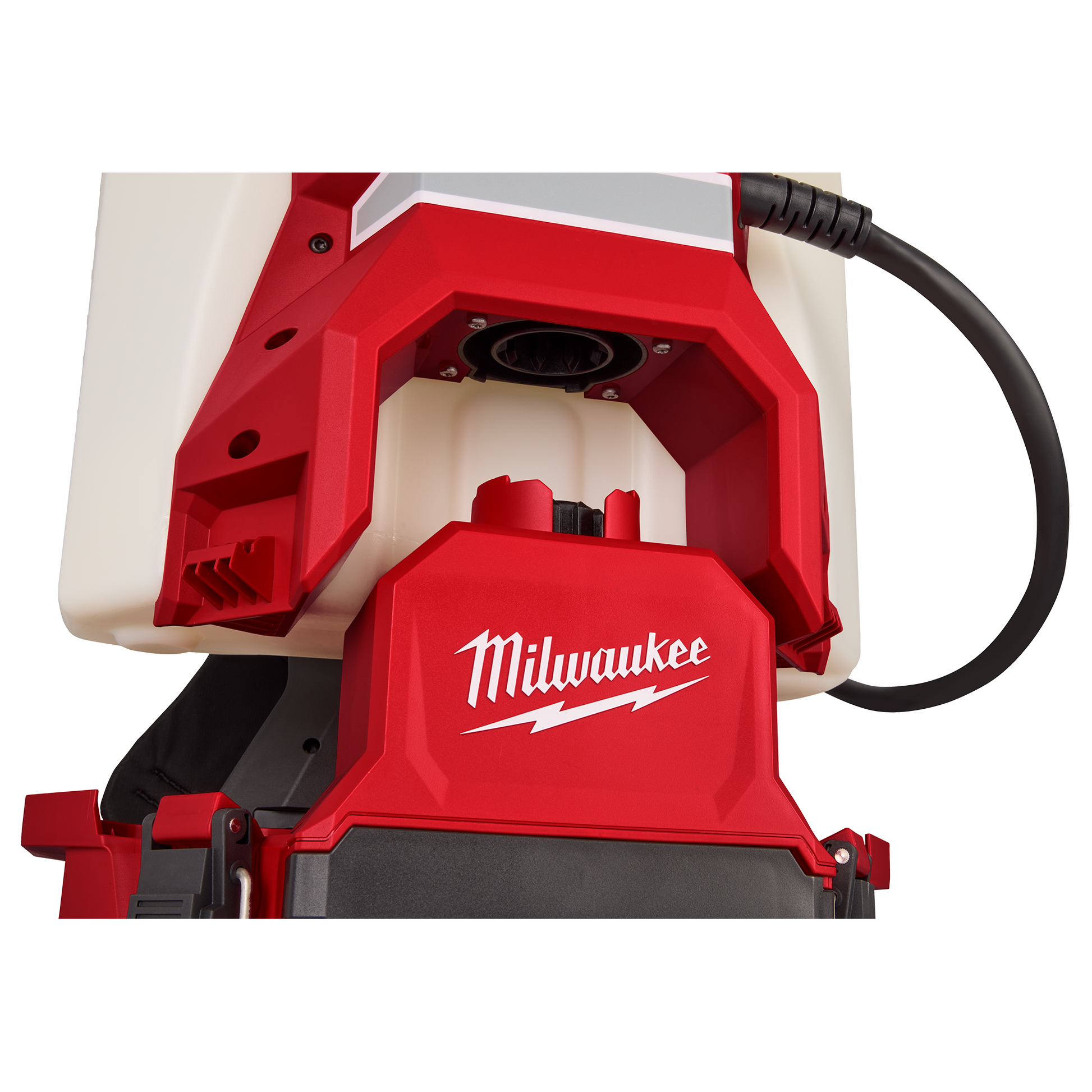 Close-up view of red and white Milwaukee backpack sprayer showing pump and hose connection for tools and home improvement