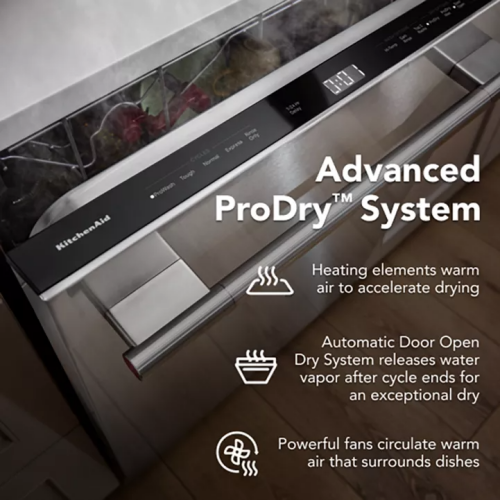 Close-up of stainless steel dishwasher door with towel bar handle and digital control panel highlighting drying technology features.