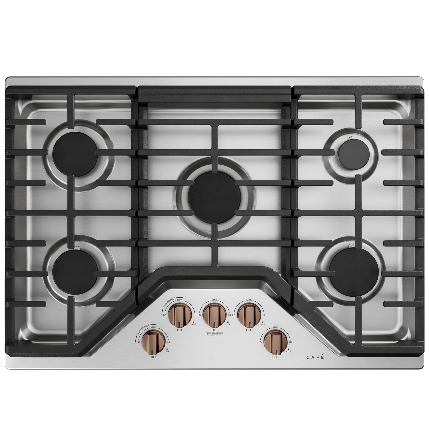 Stainless steel 30-inch gas cooktop with five burners and copper-tone control knobs in kitchenware collection