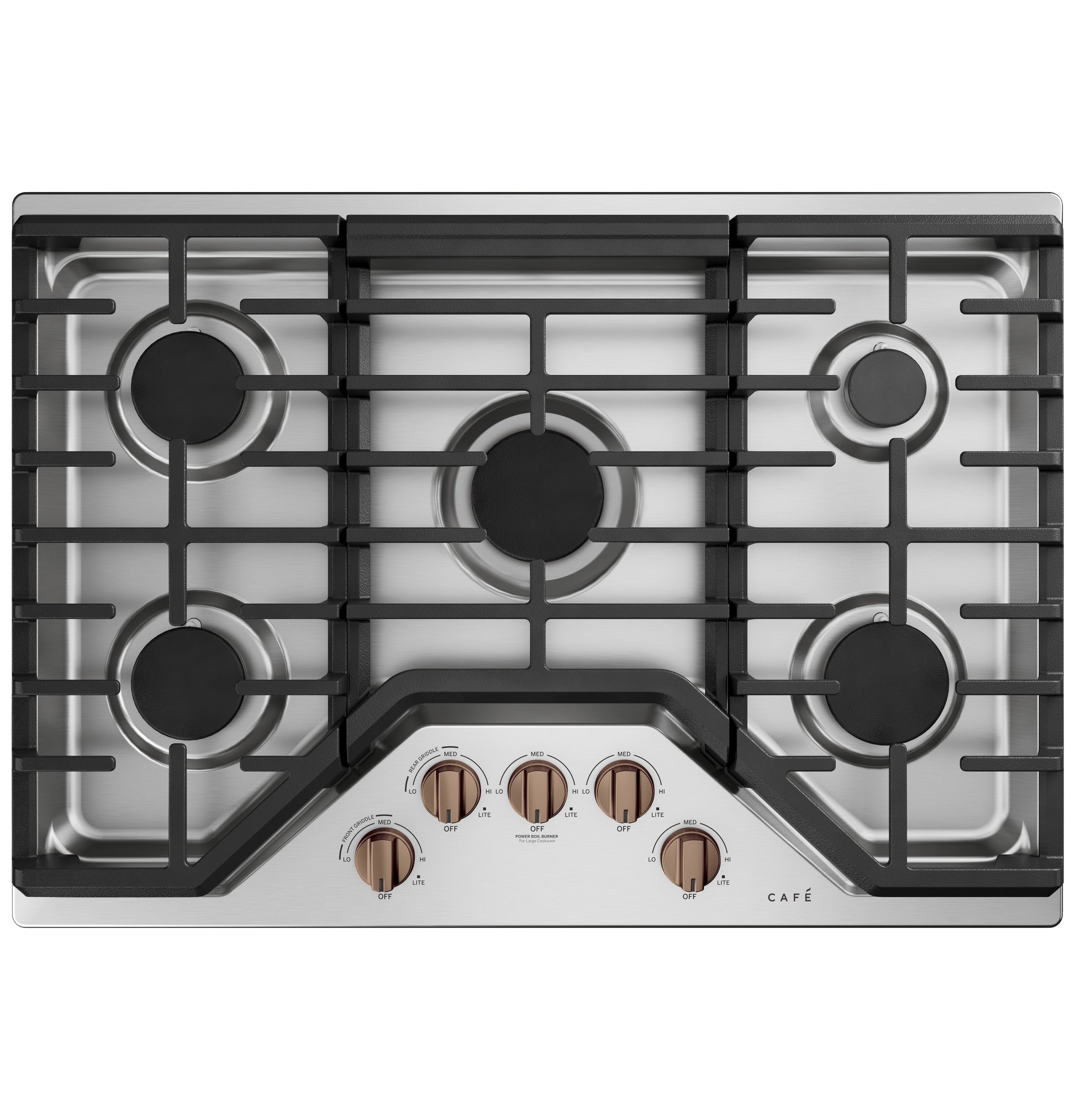 Stainless steel 30-inch gas cooktop with five burners and copper-tone control knobs in kitchenware collection