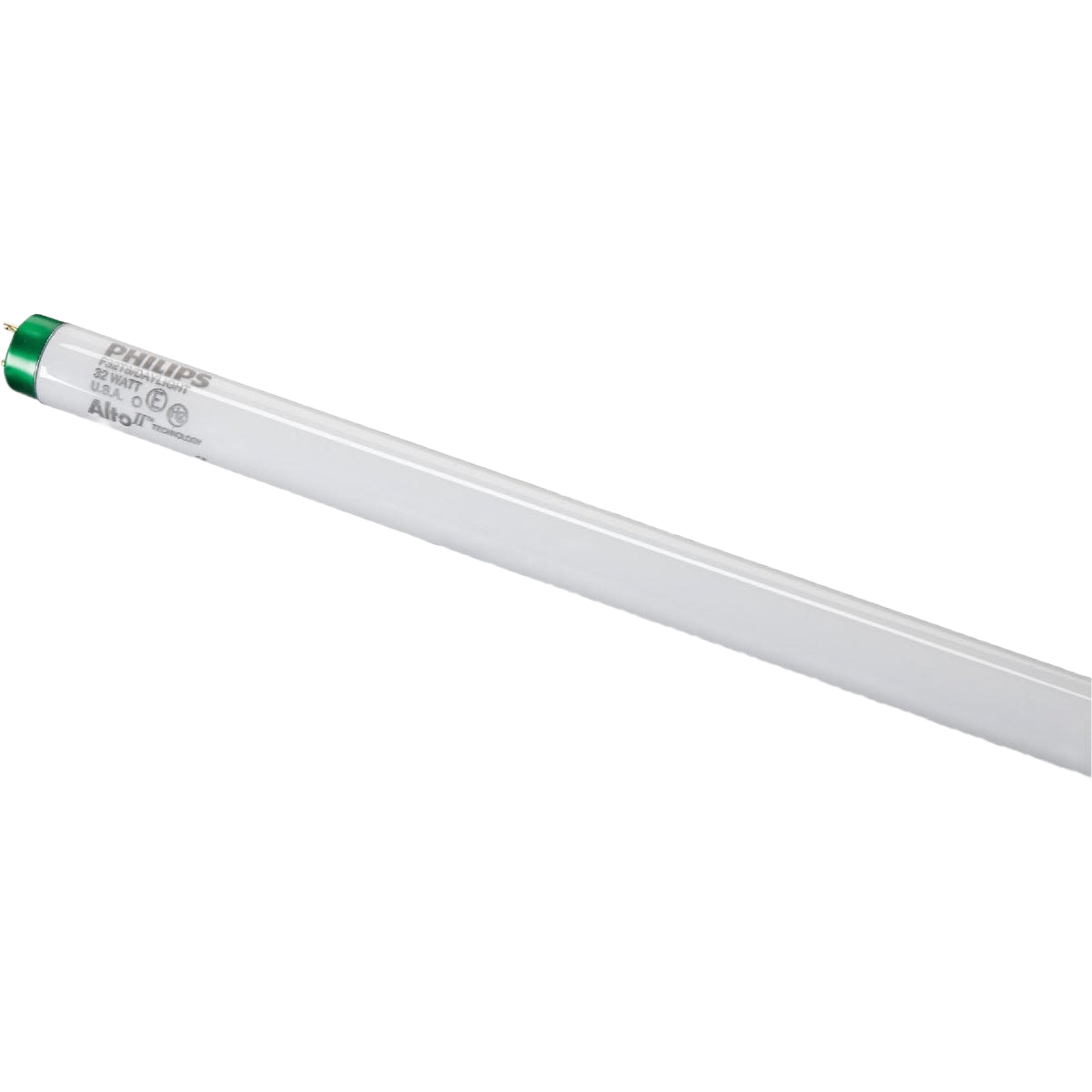 Single white medium bi-pin fluorescent tube light bulb with green end cap for lighting and electrical use