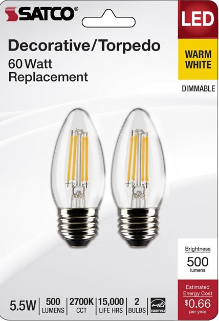 Pair of clear decorative LED filament bulbs with medium base, warm white light, ideal for energy-efficient home lighting.