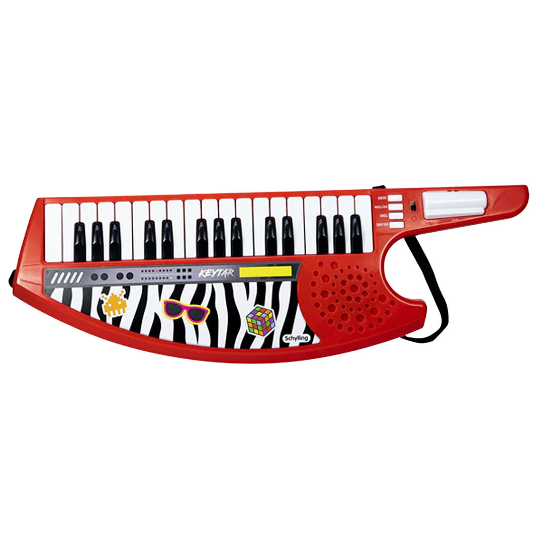 Red Schylling Power Star Keytar toy with piano keys and zebra print decorated with stickers in Toys & Games collection