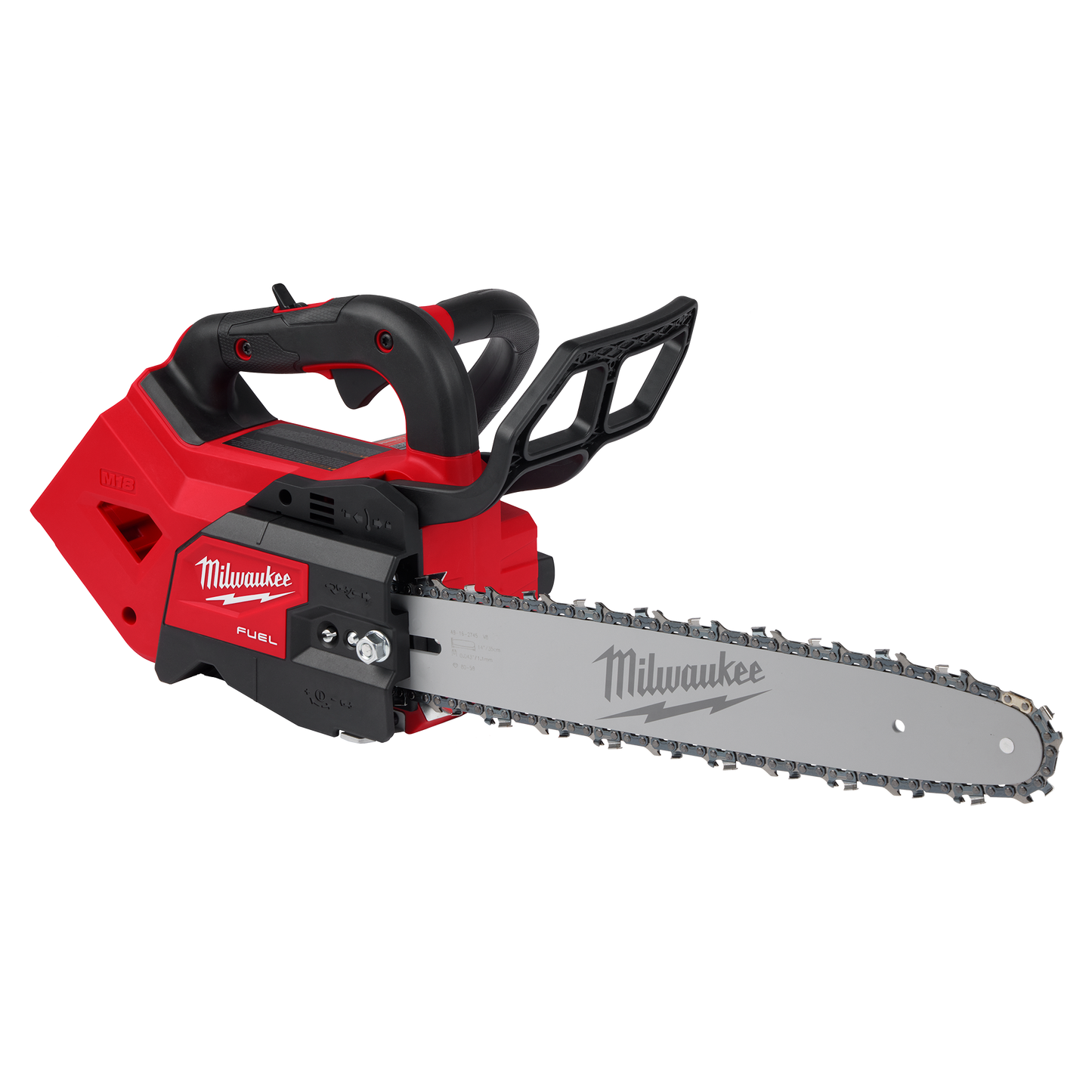 Red and black cordless top handle chainsaw with 14-inch bar for cutting tasks in home improvement projects