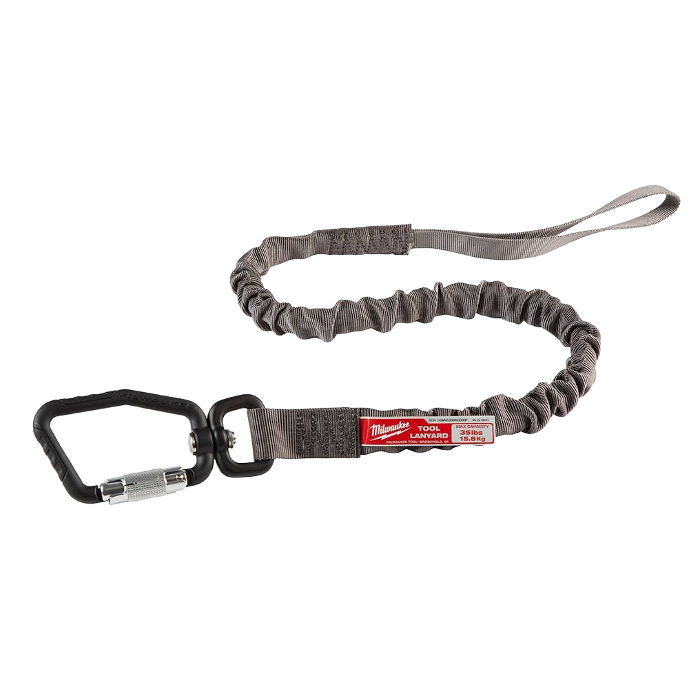 Gray locking tool lanyard with elastic cord and black metal carabiner for securing tools in home improvement tasks