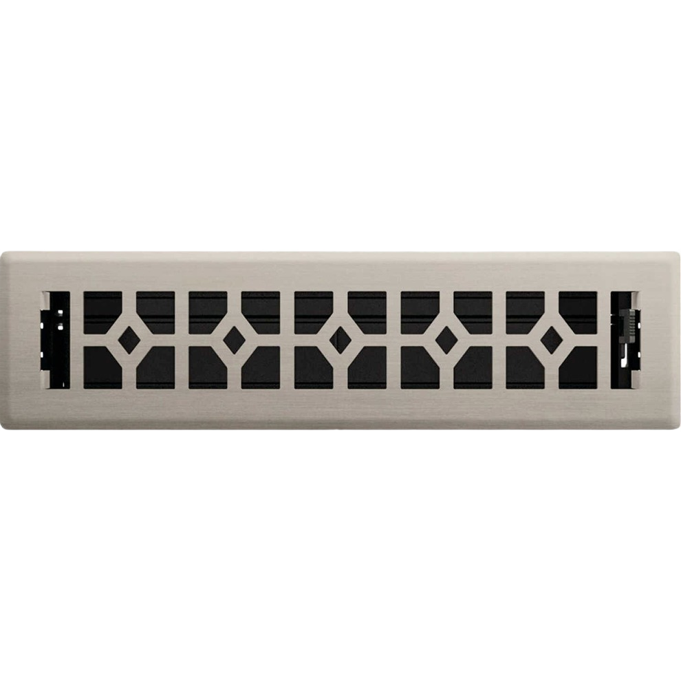 Brushed nickel steel floor register with geometric cutout pattern designed for ventilation in home improvement projects
