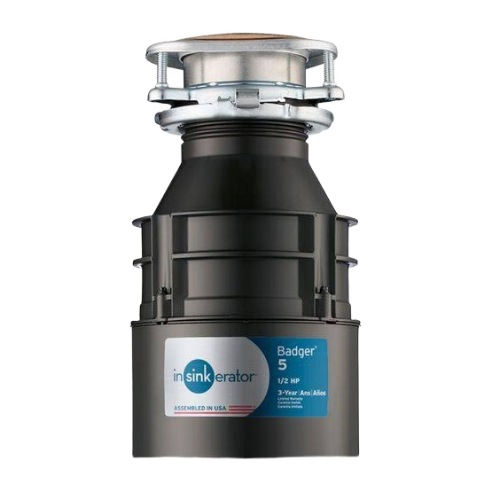 Compact black garbage disposal with 1/2 horsepower motor, suitable for plumbing and appliances in home improvement collections