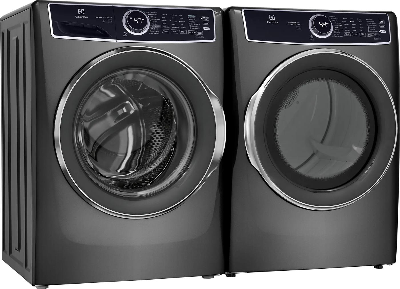 Pair of dark gray Electrolux front load washer and dryer with digital display panels from Washers & Dryers collection