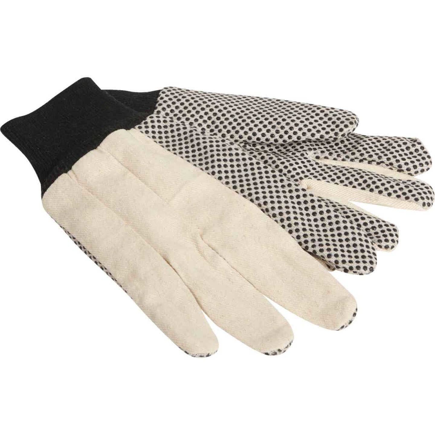 Men’s large cotton canvas work gloves with black PVC grip dots and knitted black cuffs for home improvement and safety tasks