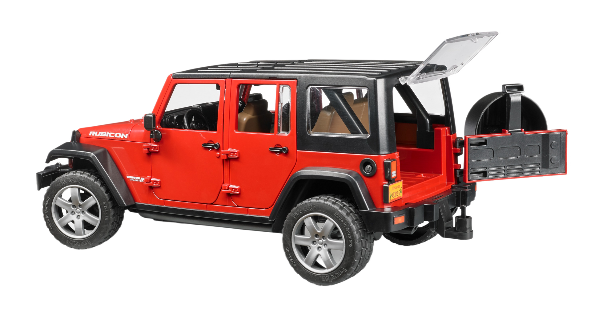 Red scale model off-road vehicle with open rear door and tailgate for imaginative play in toys and vehicles collection