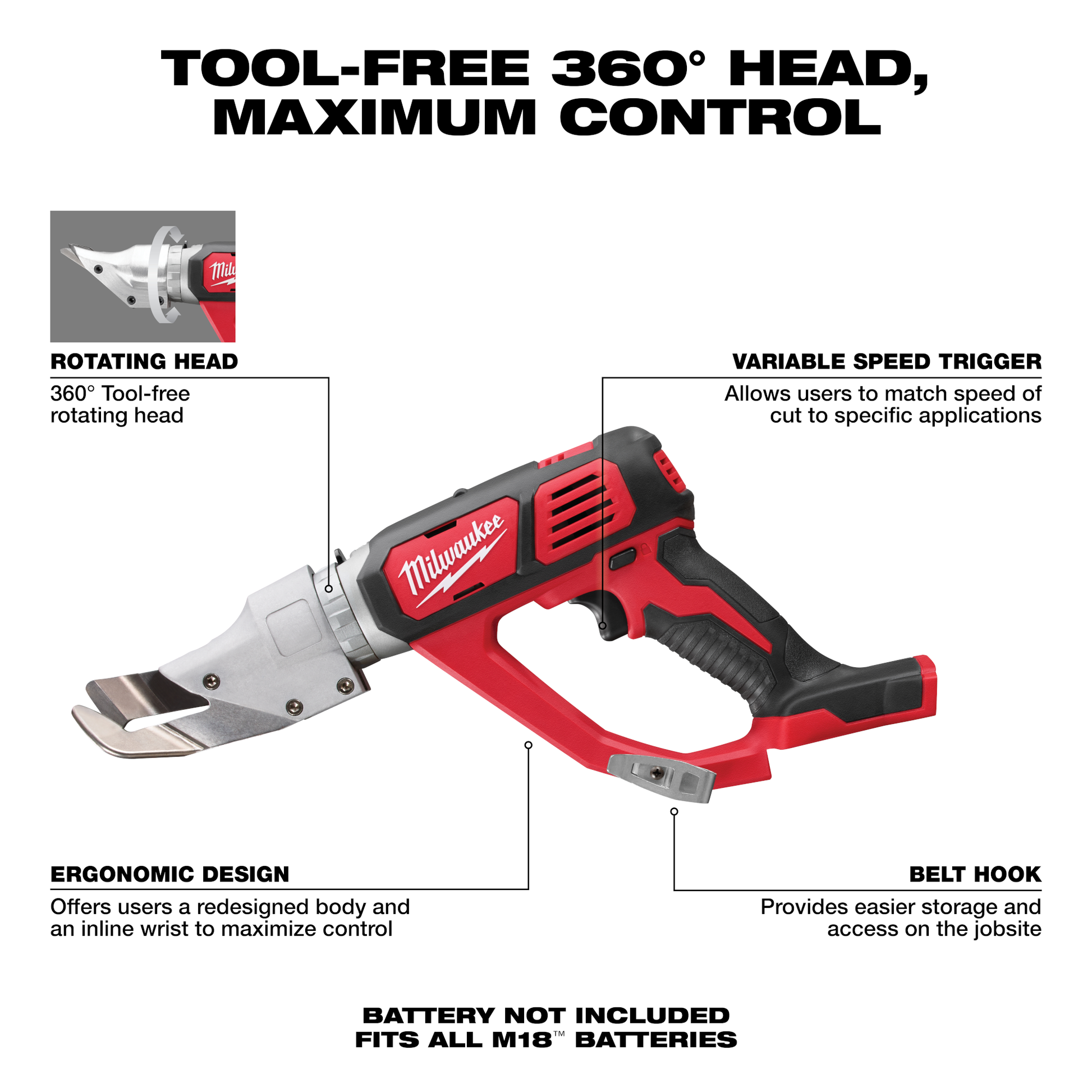 Red and black cordless 18 gauge single cut shear with adjustable rotating head and variable speed for precise home improvement tasks