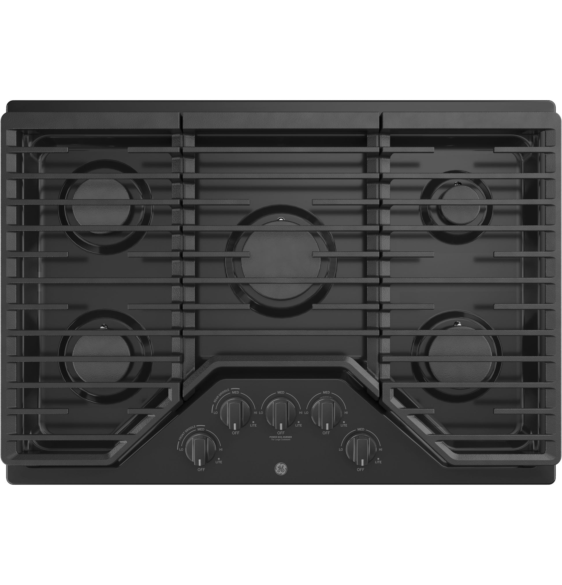 Black built-in gas cooktop with five burners, dishwasher safe grates, and control knobs from Cooktops and Appliances collections