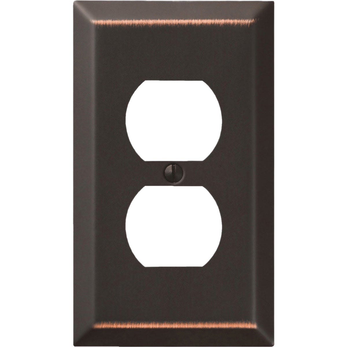Aged bronze stamped steel wall plate with two outlet openings and center screw for home improvement use