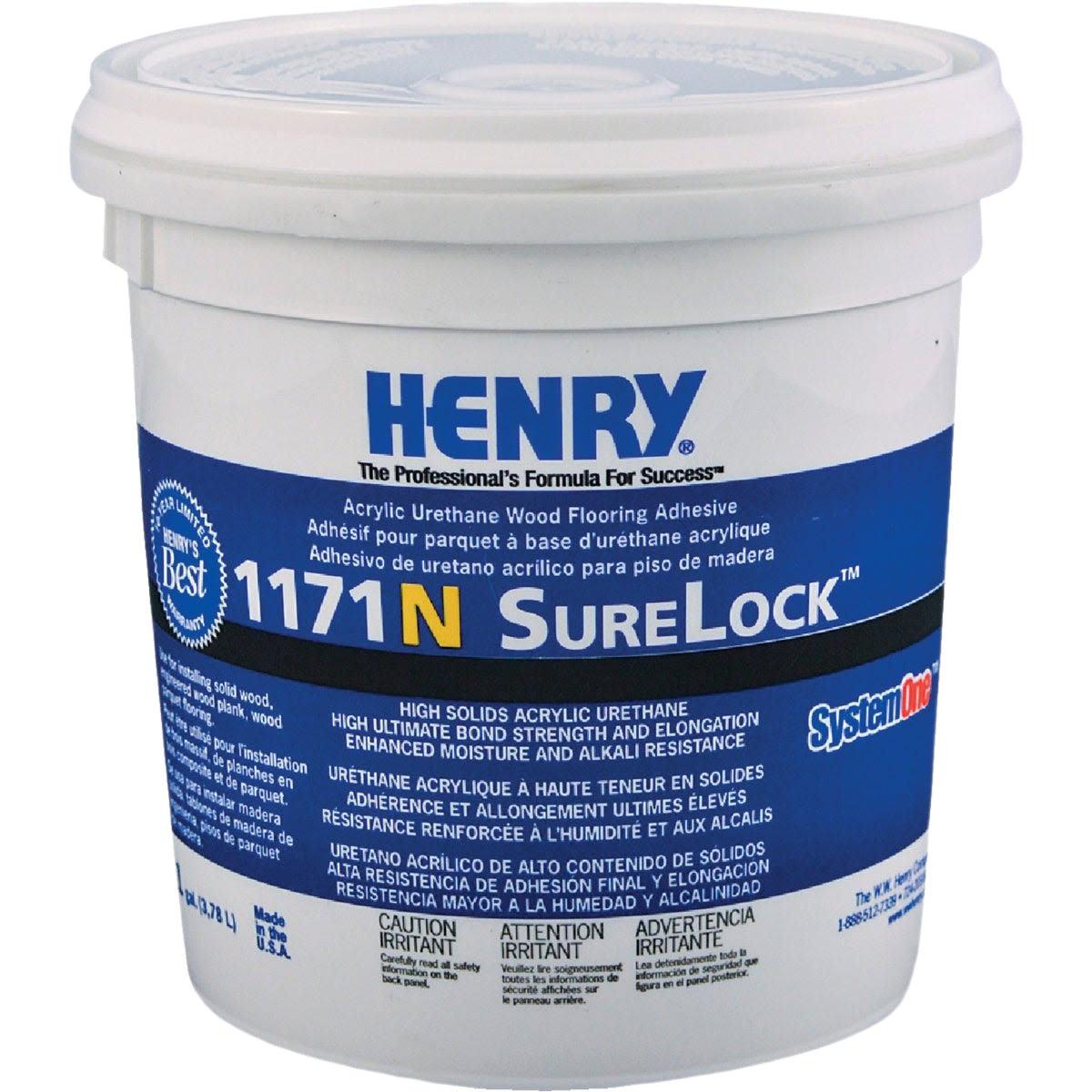 White container of acrylic urethane adhesive for wood flooring with bold blue and yellow text label for home improvement use