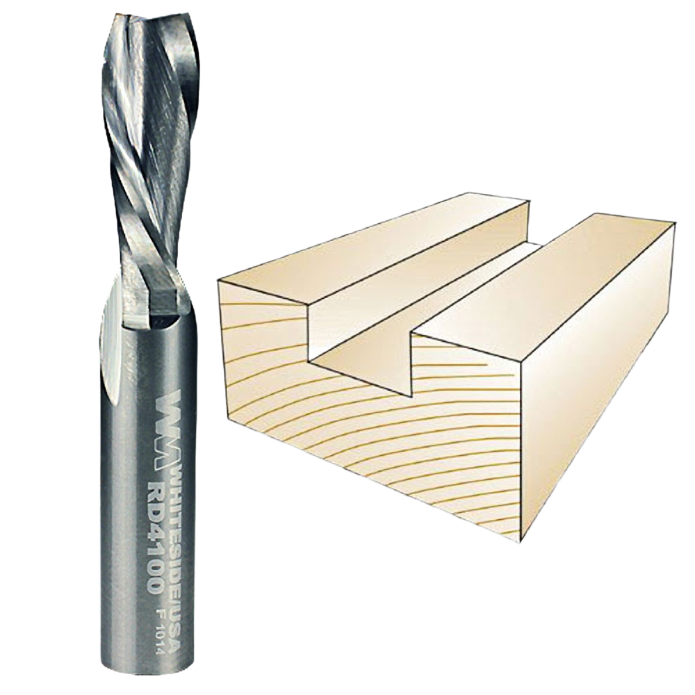 Spiral downcut router bit beside wood groove cut sample for woodworking tool accessories and drill bits collections
