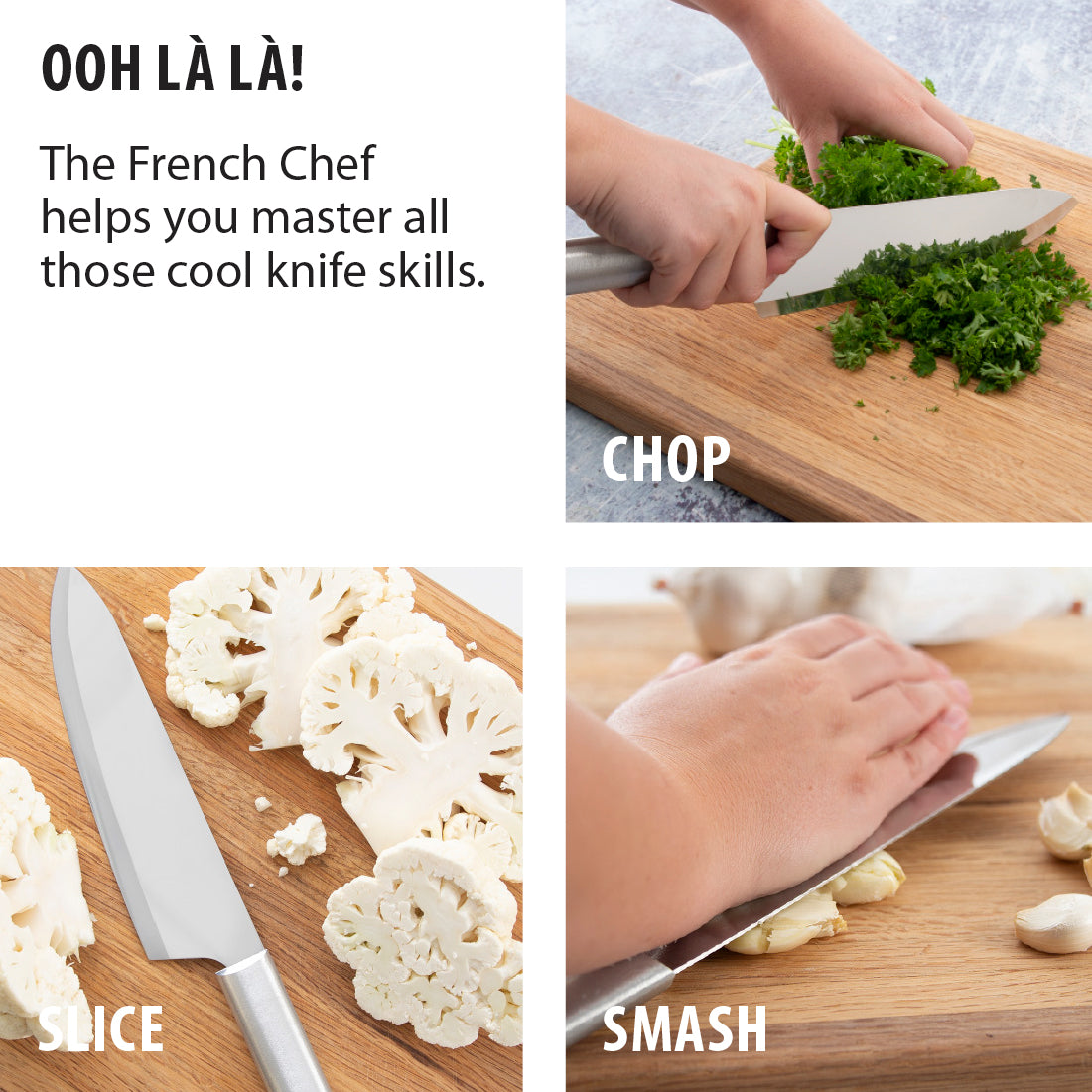 Rada French chef knife with stainless steel blade cutting leafy greens and garlic on wooden board in kitchenware collections