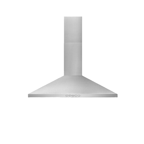 Stainless steel pyramid chimney hood with integrated control buttons for ventilation in modern kitchens