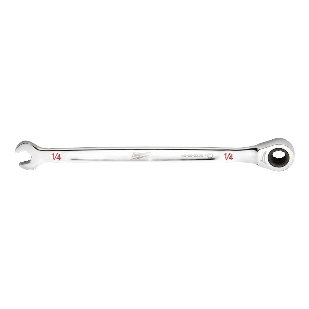 Polished steel ratcheting combination wrench with 1/4 inch size markings for precision home improvement tasks