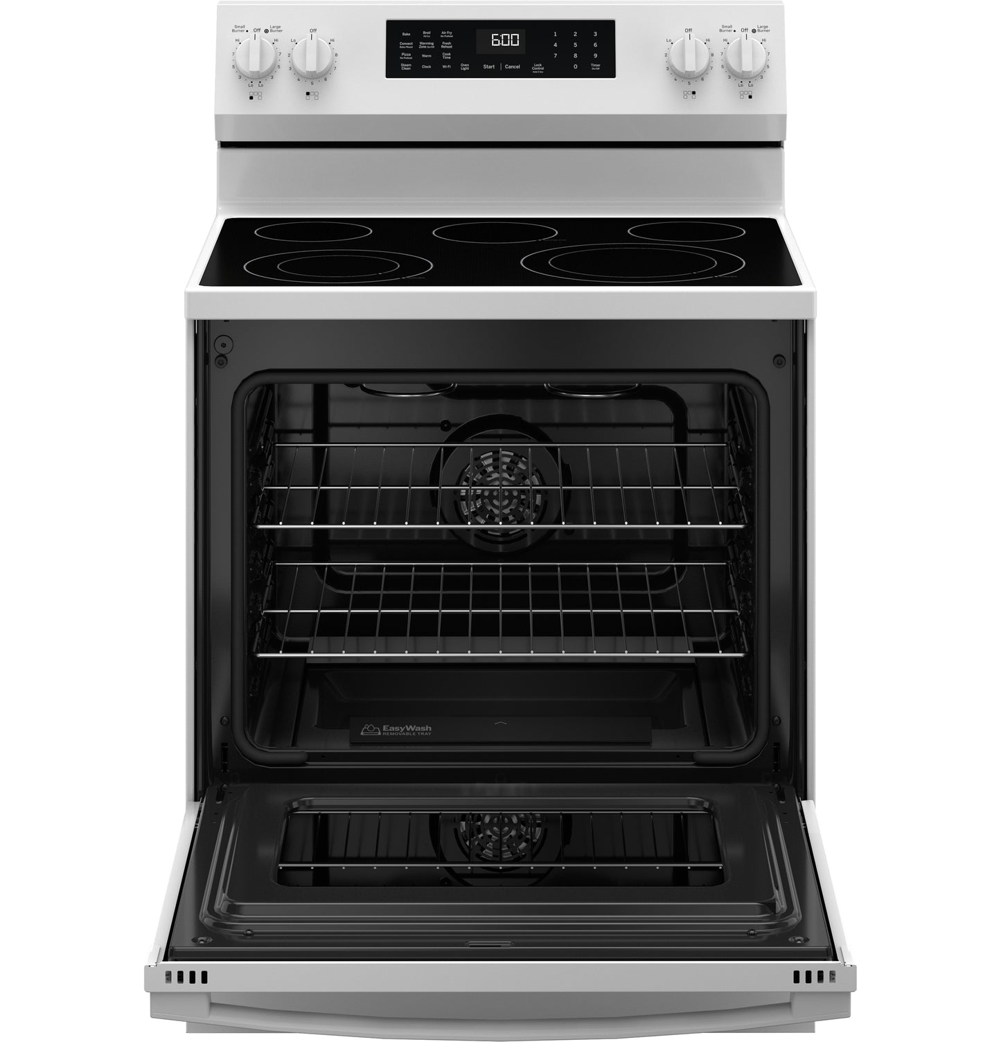 White electric free-standing convection range with smooth glass cooktop and open oven door showing racks in appliances collection