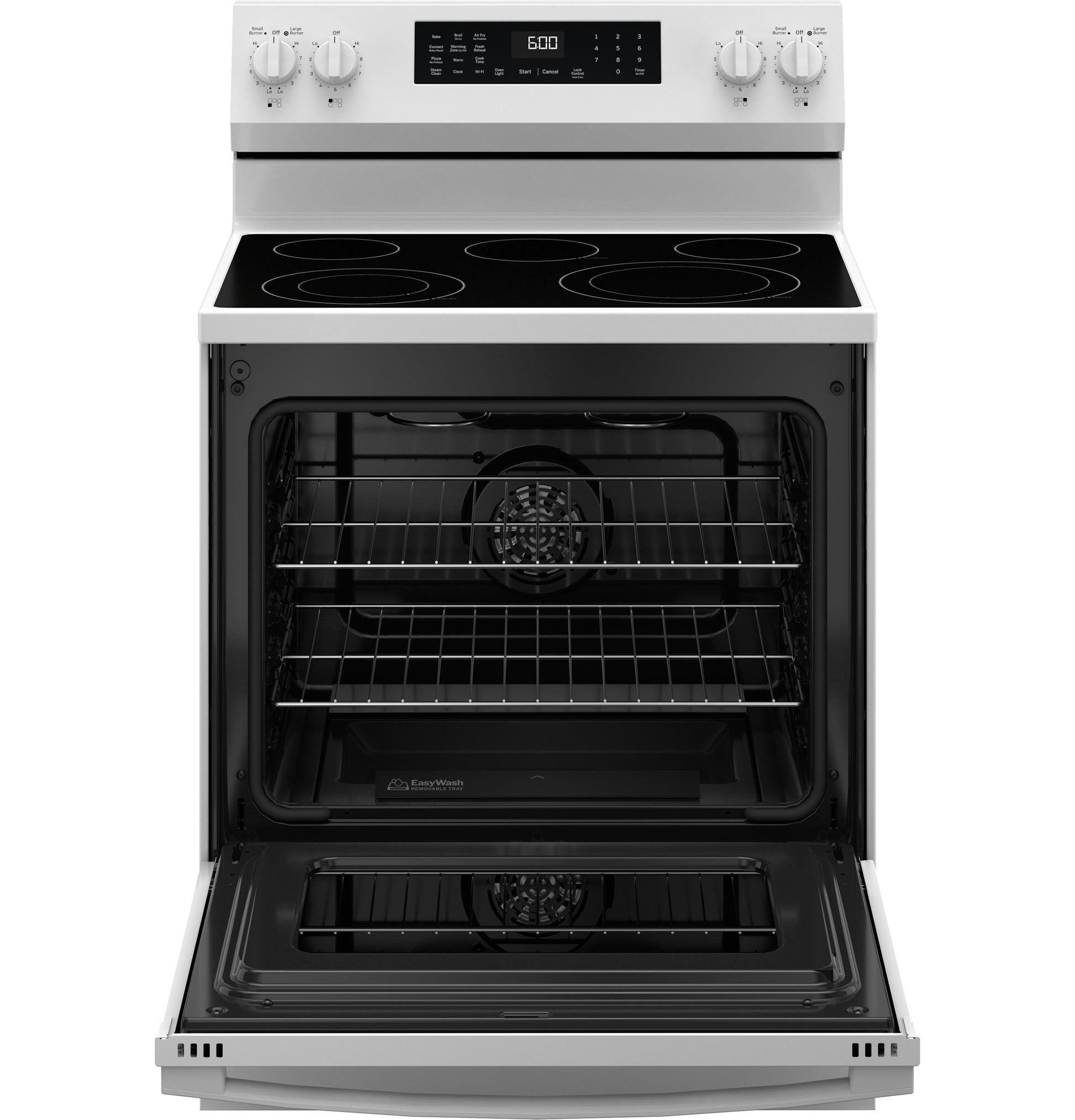 White electric free-standing convection range with smooth glass cooktop and open oven door showing racks in appliances collection