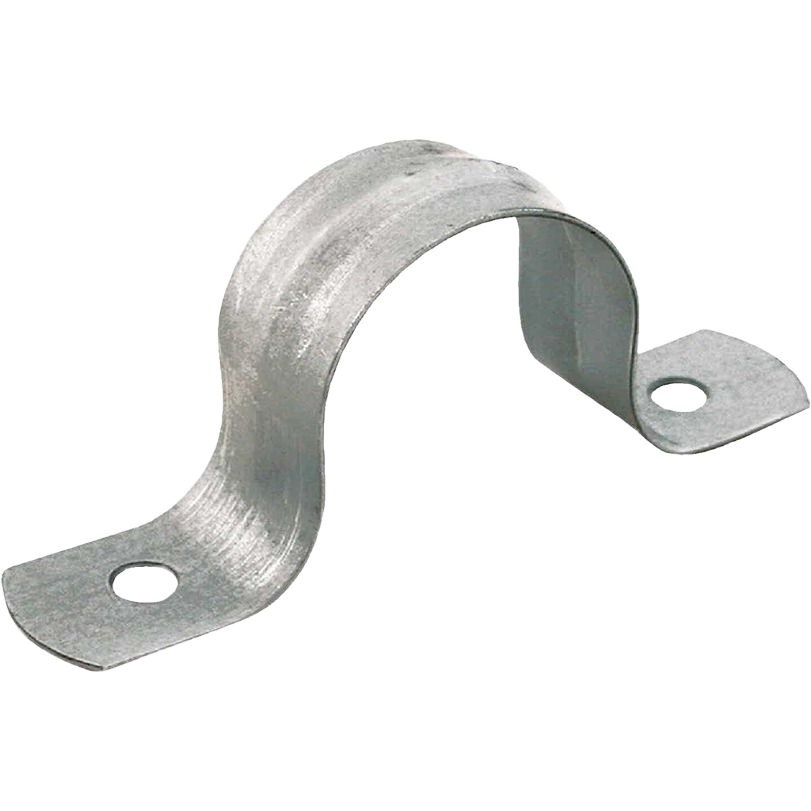 Galvanized steel pipe strap with pre-drilled holes for securing pipes in plumbing and home improvement projects