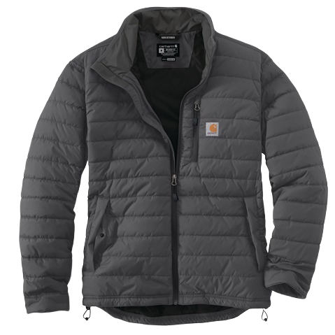 Men’s relaxed fit insulated jacket in dark gray with lightweight water-resistant Cordura® shell, suitable for layering in outerwear and clothing collections.
