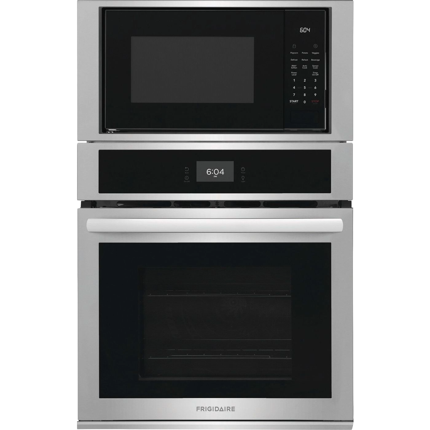 Stainless steel built-in microwave and electric wall oven combo with digital controls in kitchen appliance setting