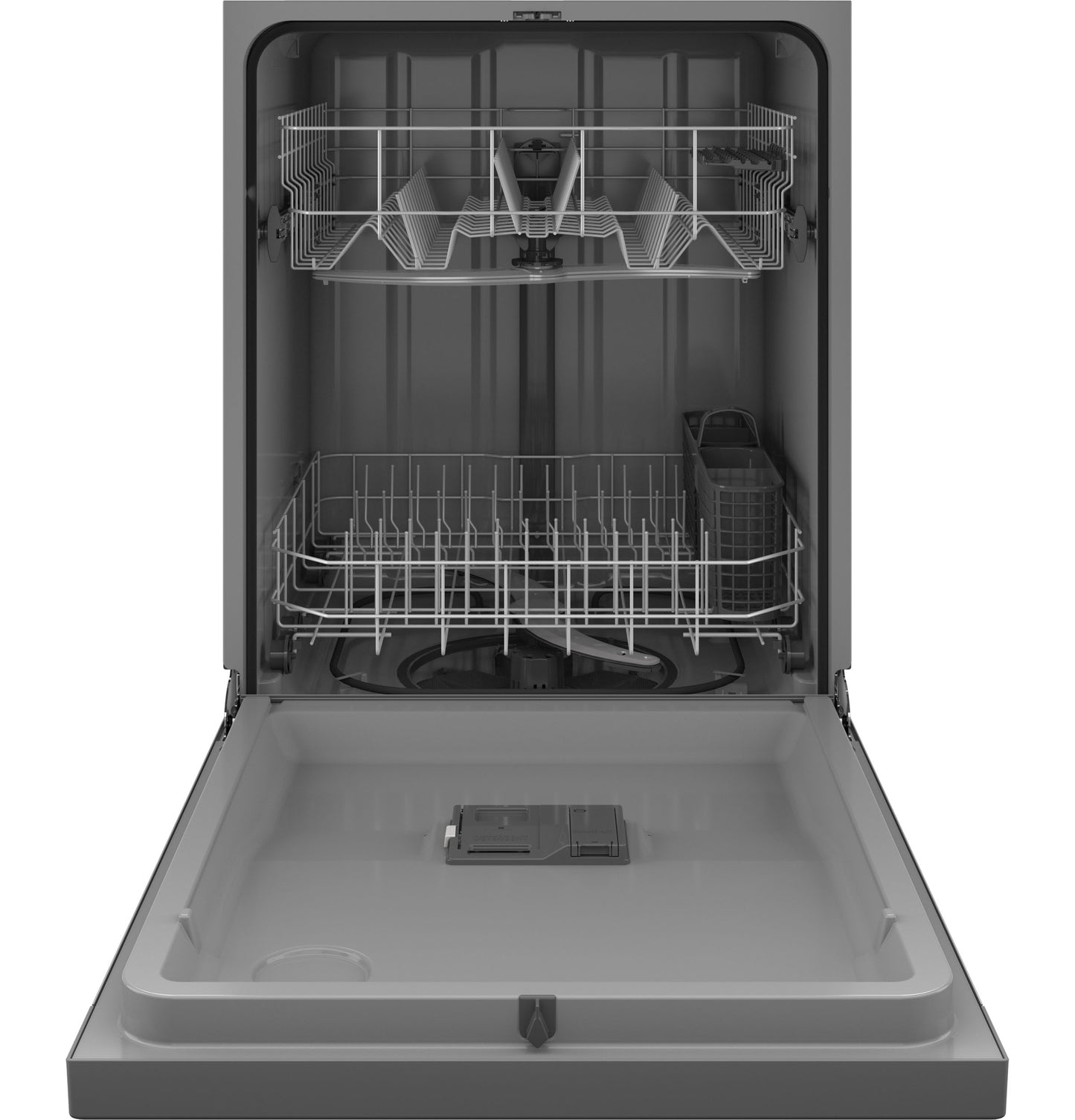 Open GE ENERGY STAR dishwasher with front controls showing interior racks and utensil basket in kitchen appliances collection