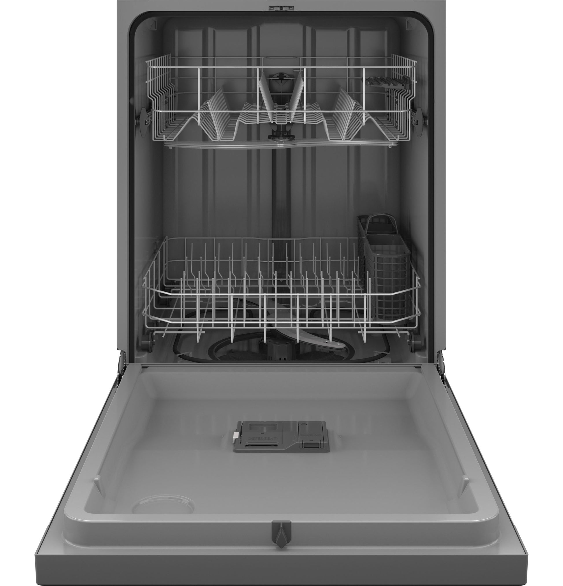 Open GE ENERGY STAR dishwasher with front controls showing interior racks and utensil basket in kitchen appliances collection