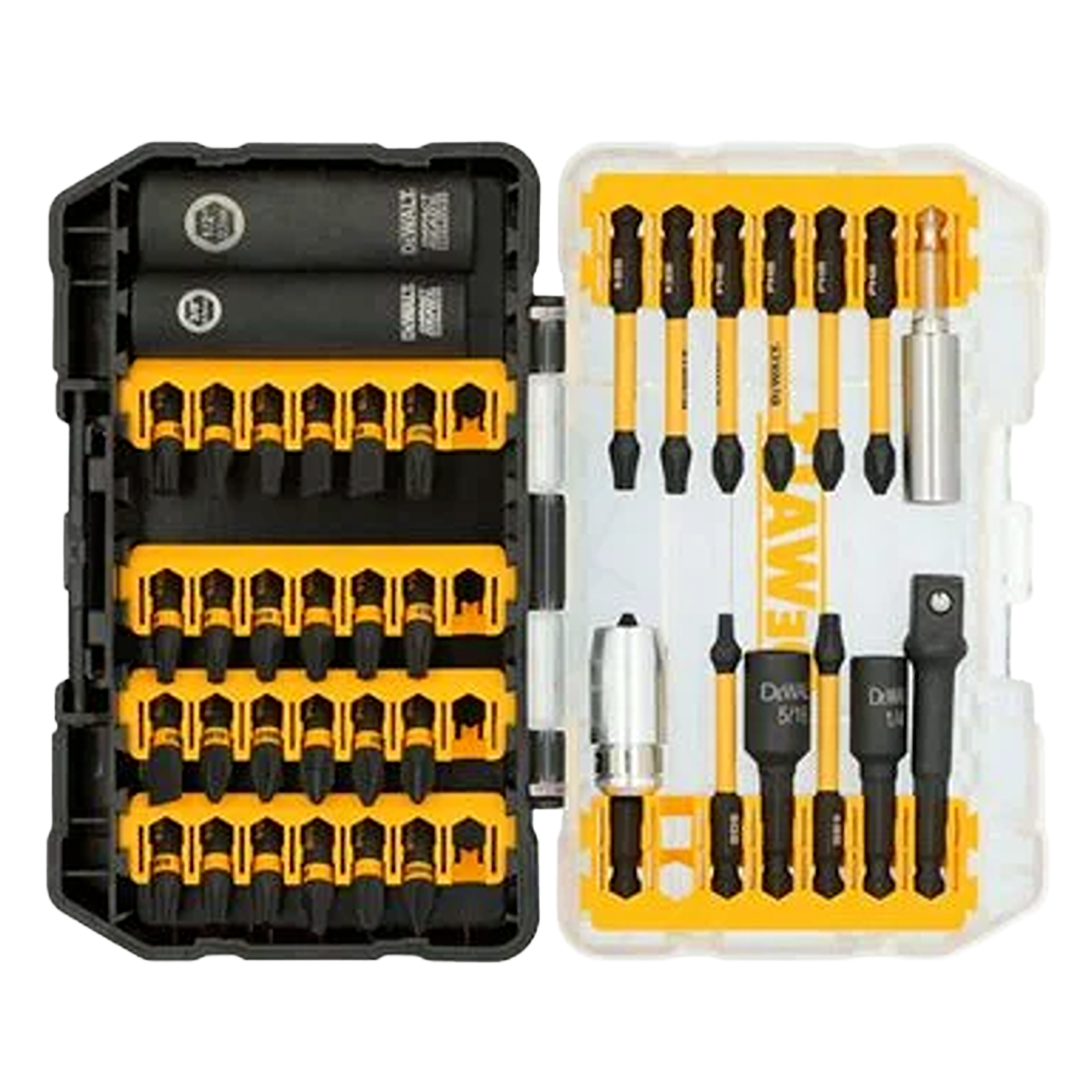 Compact 40-piece Dewalt Flextorq bit set in a black and yellow case for woodworking and power tool accessories.