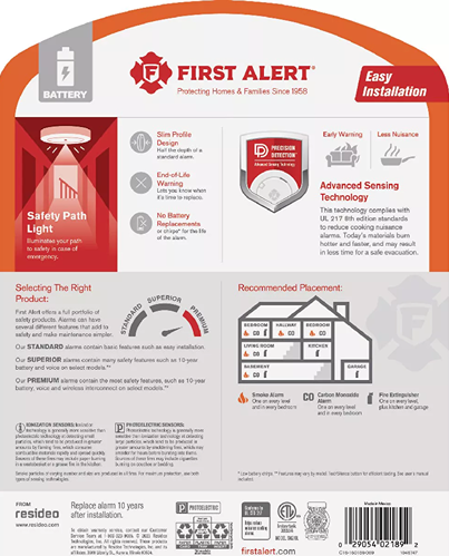First Alert smoke alarm with 10-year battery, photoelectric sensor, and built-in safety path light for home safety