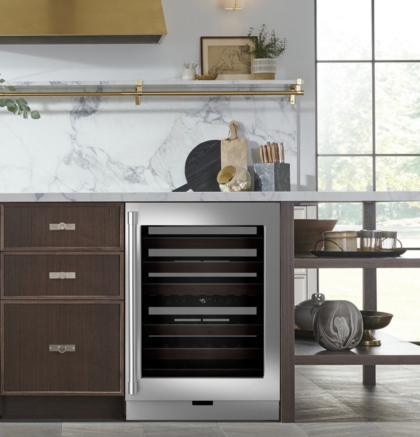 Built-in 24-inch wine cooler with stainless steel trim, glass door, wooden shelves, and digital temperature control in modern kitchen setting
