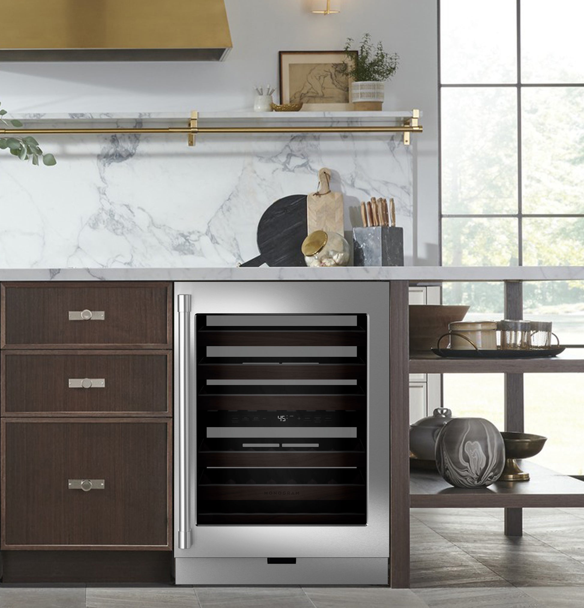Built-in 24-inch wine cooler with stainless steel trim, glass door, wooden shelves, and digital temperature control in modern kitchen setting