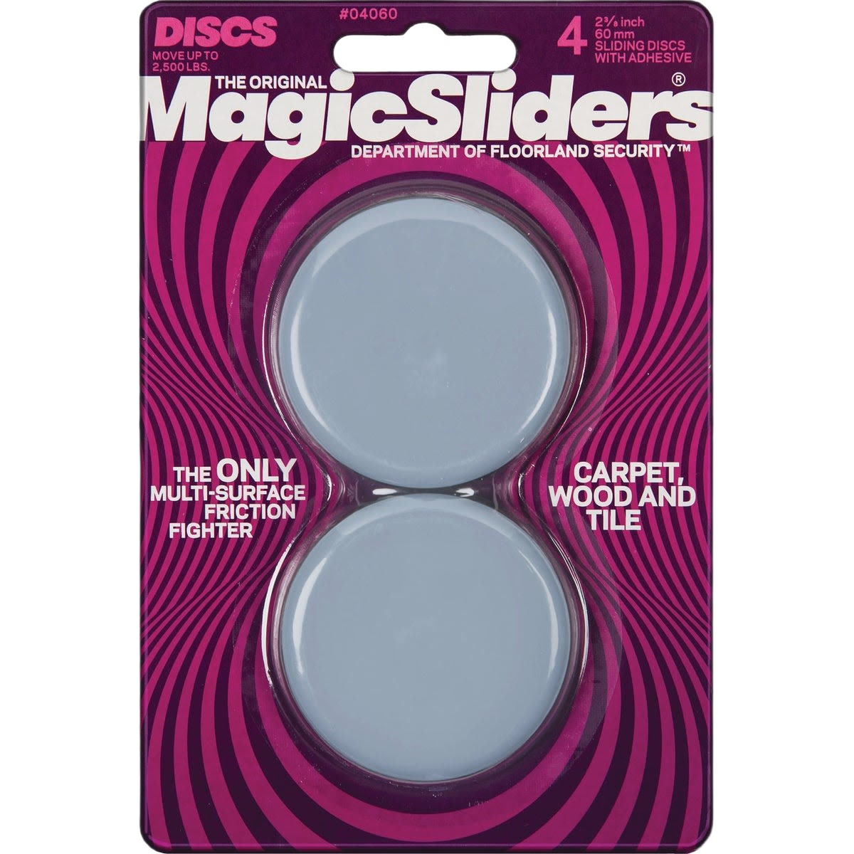 Package of round adhesive furniture sliders designed for moving heavy items on carpet, wood, and tile floors in hardware collections