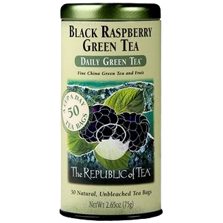 Cylindrical tin of black raspberry green tea with 50 unbleached tea bags in food and beverage collection under $50