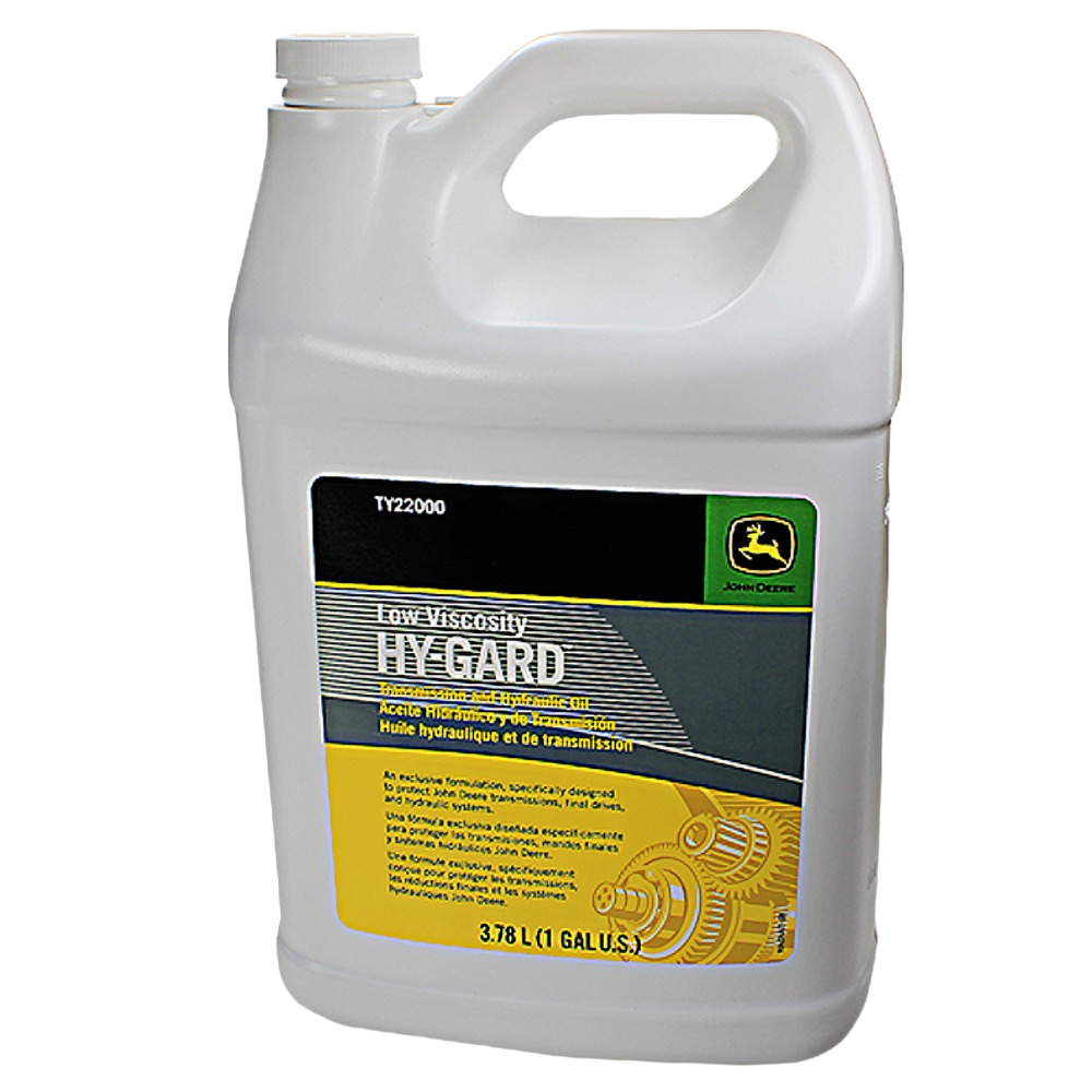 White plastic gallon container of low viscosity transmission and hydraulic oil with black and yellow label for tools use