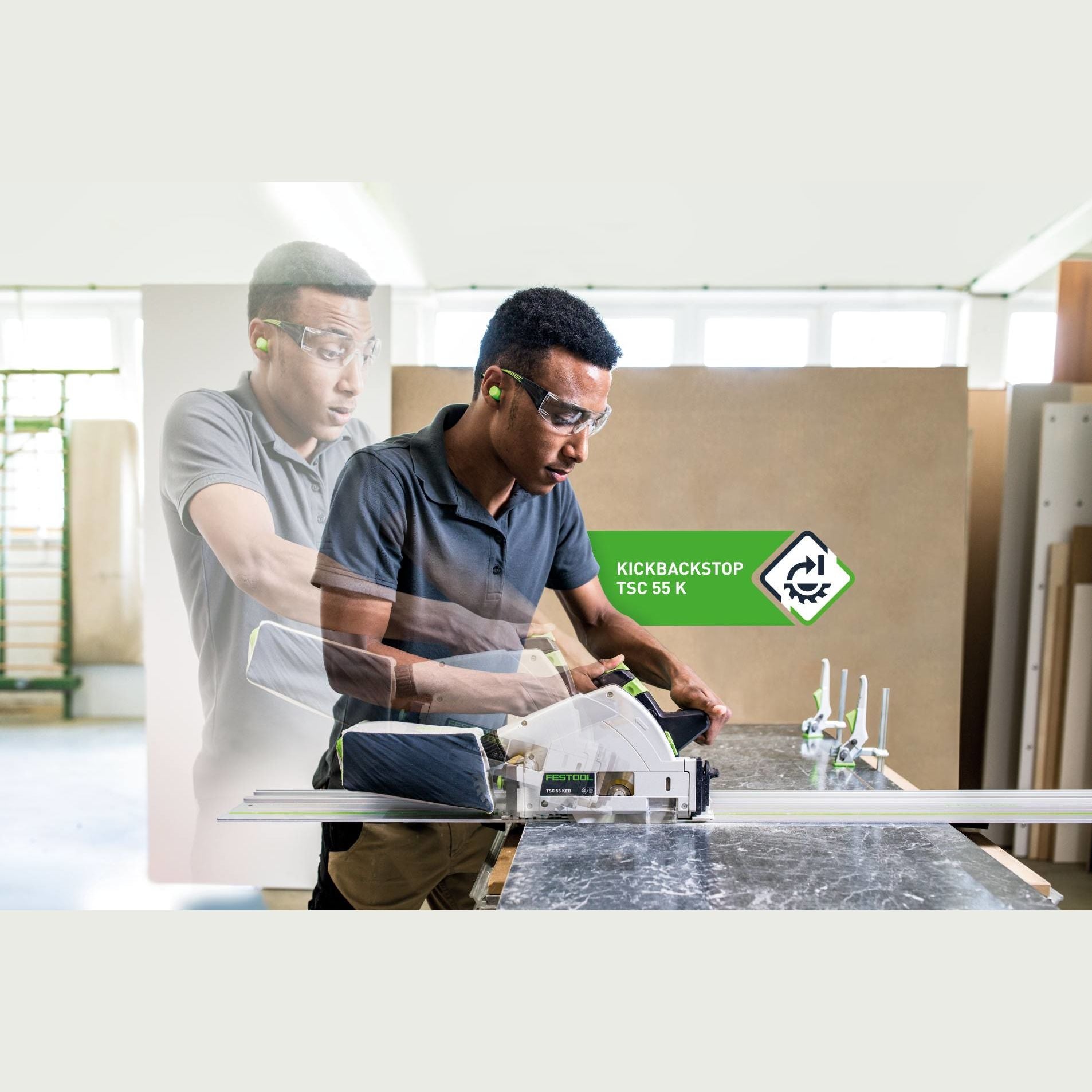 Man using a cordless circular saw with safety glasses and ear protection for precise cutting in power tools collection